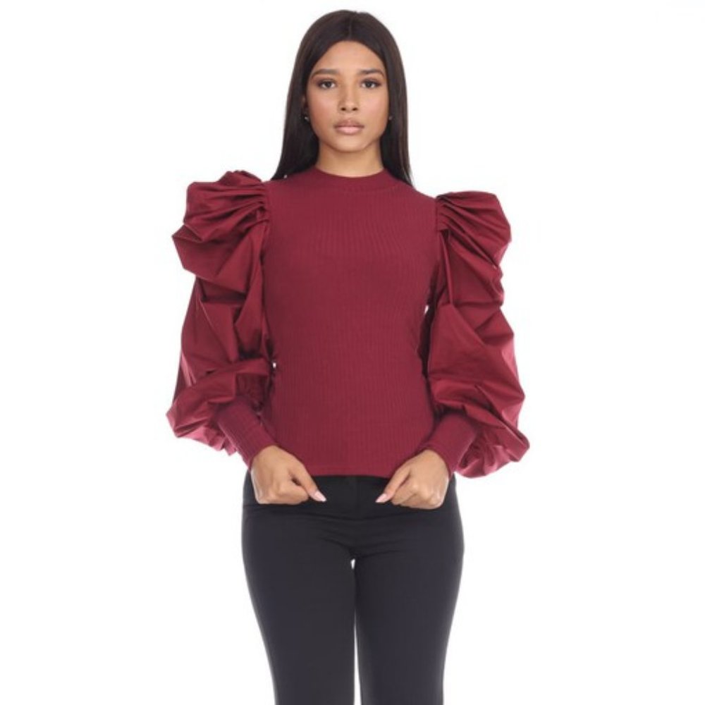 LONG PUFF SLEEVE BURGUNDY RIB PATTERN TOP